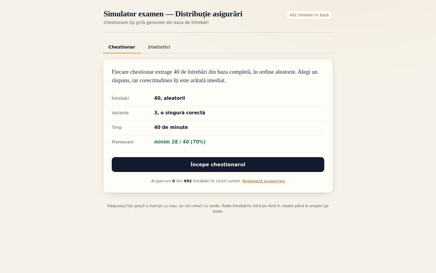 Prima pagină a site-ului Chestionar Asigurări, pe calculator