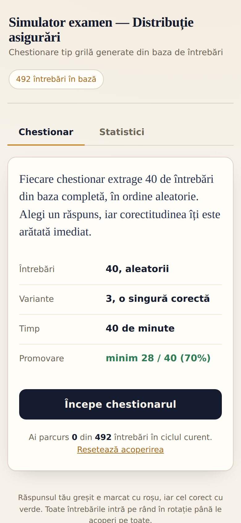Prima pagină a site-ului Chestionar Asigurări, pe telefon