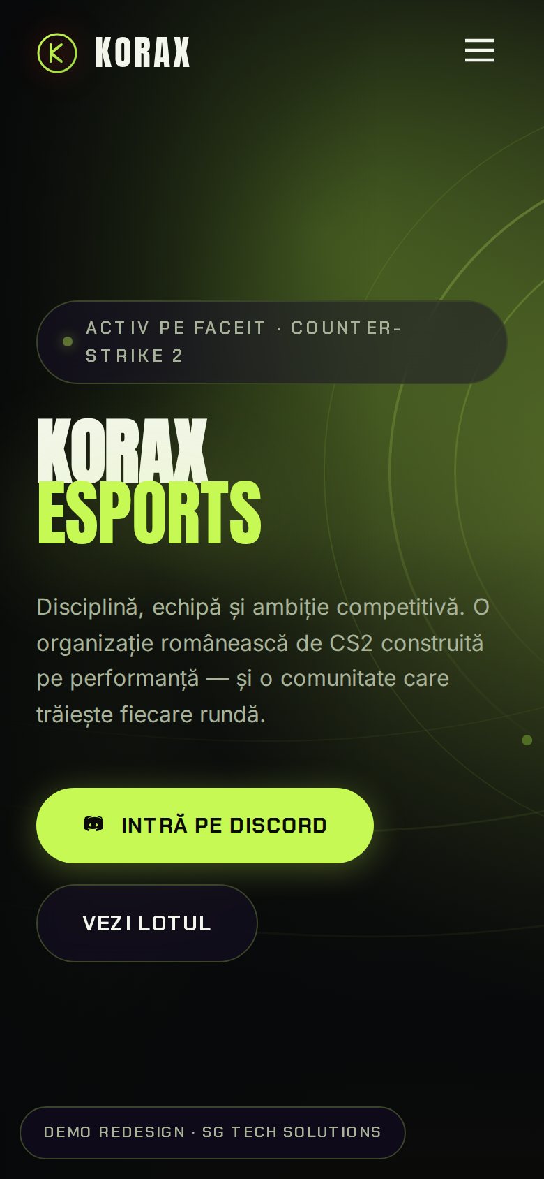 Prima pagină a site-ului KORAX eSports, pe telefon