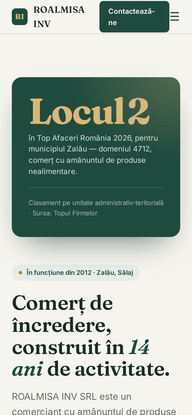 Prima pagină a site-ului ROALMISA INV, pe telefon